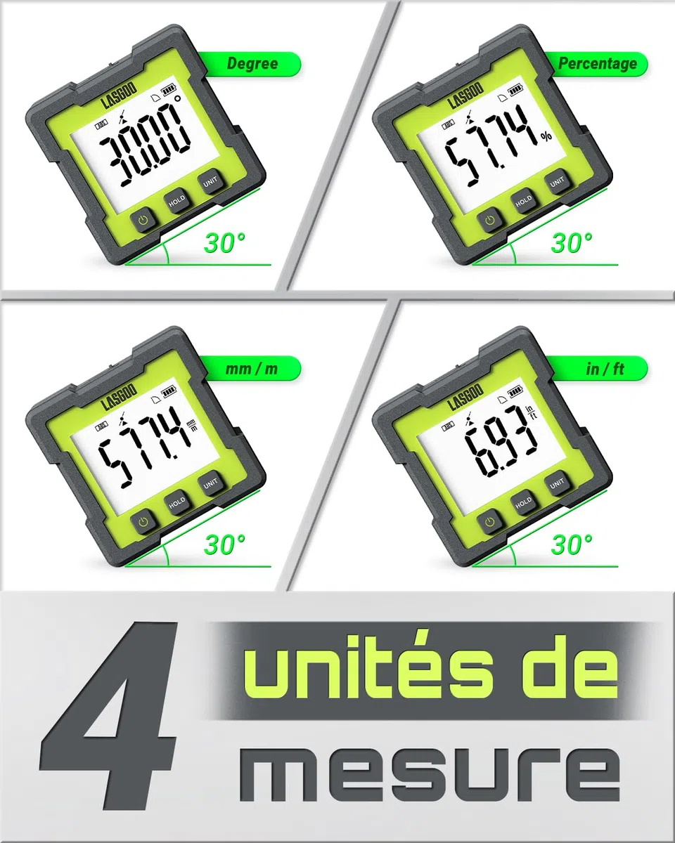 LASGOO Mesureur d'angle numérique, Inclinomètre magnétique rechargeable avec écran LCD, 4 unités de mesure pour la menuiserie, le bâtiment, la maçonnerie et l'automobile