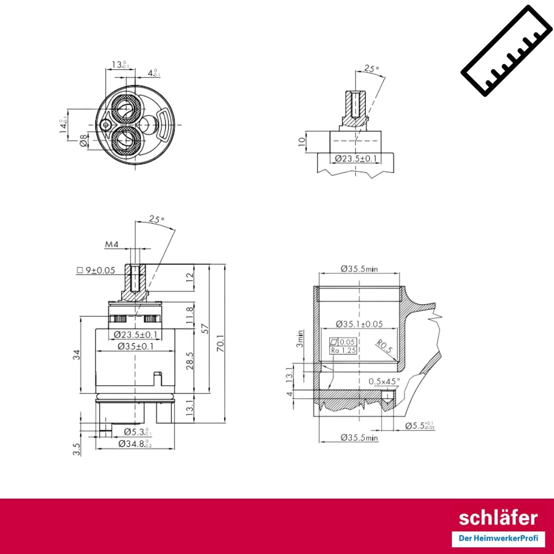 Schläfer 480068 | Cartouche robinet mitigeur 35 mm, cartouche de rechange en céramique basse avec 2 pieds, pour robinets mélangeurs monocommande de cuisine, salle de bain, douche et baignoire