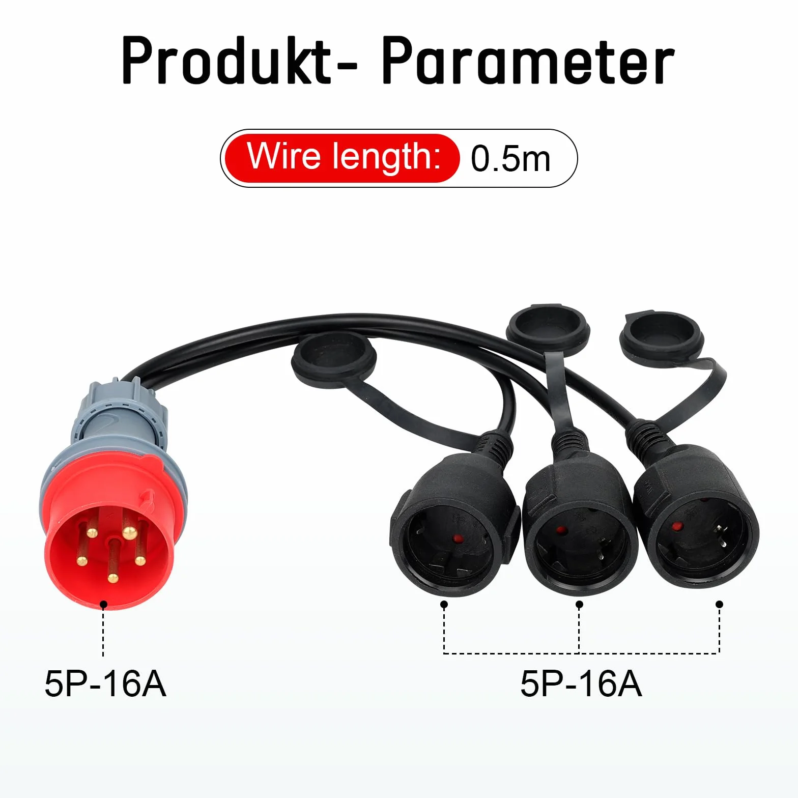 Adaptateur CEE - Répartiteur de courant fort - 400 V - 16 A - Fiche vers 3 x 230 V - Câble d'extension de courant fort - Câble adaptateur CEE de camping avec couvercle rabattable et fiche de contact