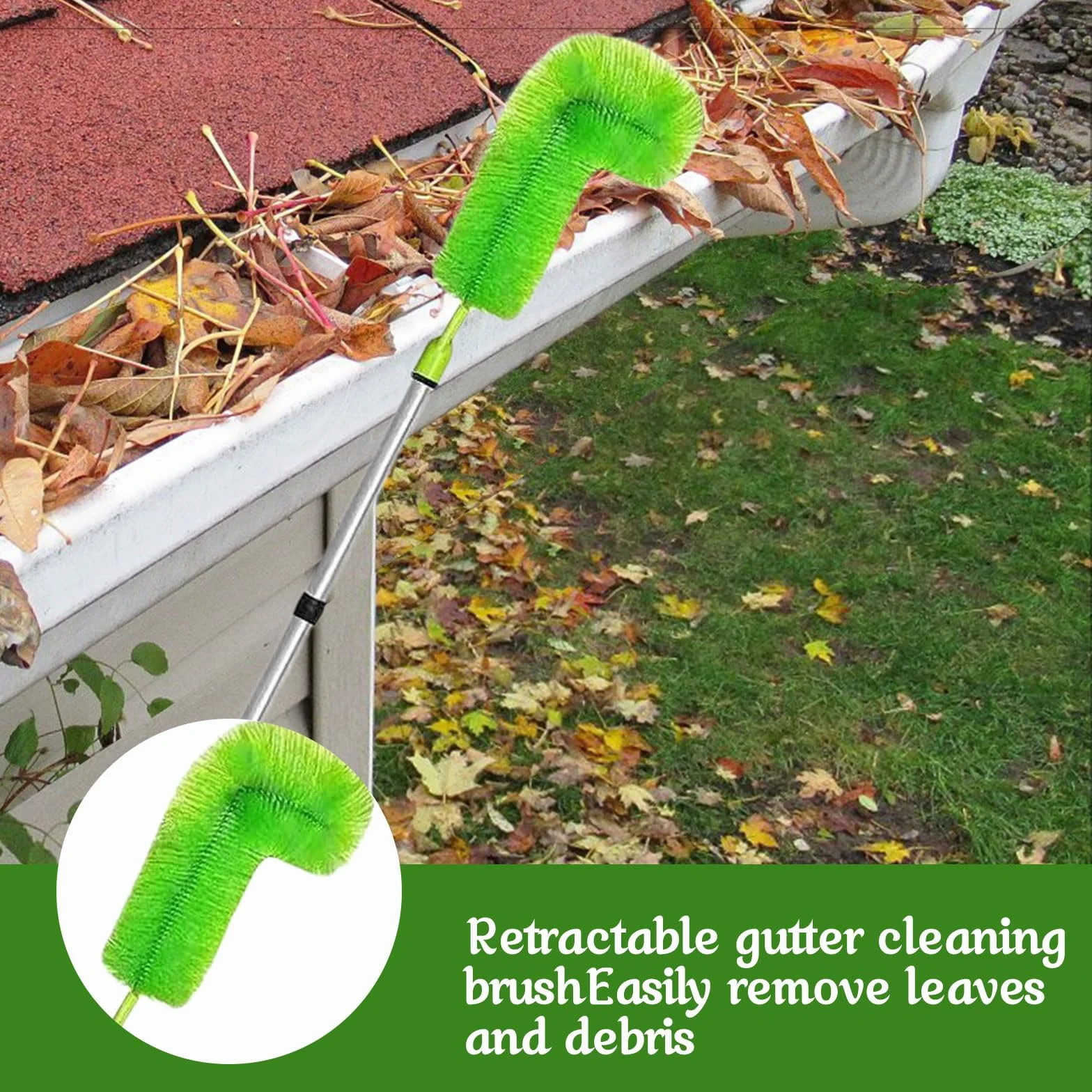 Outil de nettoyage de gouttière, perche telescopique nettoyage,brosse extensible longue portée, outil de nettoyage de gouttière pour gouttière de toit | Longueur totale – 310 cm (Vert)