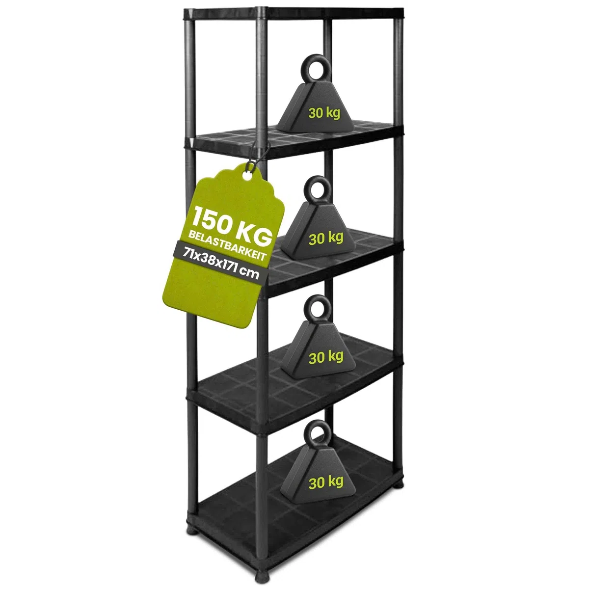 Kreher Étagère de rangement en plastique à 5 étages Noir 150 kg. 71 x 38 x 171 cm TÜV de Rhénanie