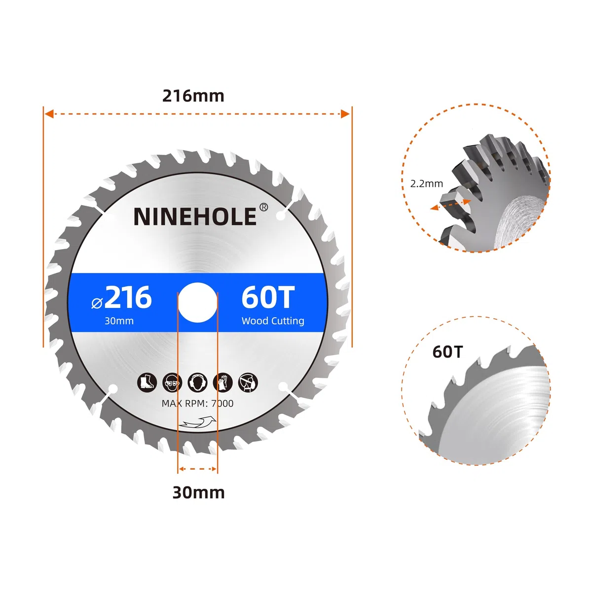 Lot de 2 Lame de Scie Circulaire 216 x 30 mm (anneau 25mm 20mm Et 16mm), 60 dents Coupes propres, Disque à Tronçonner pour Bois, Sèche, Stratifié, Cloison, Contreplaqué, Plastique