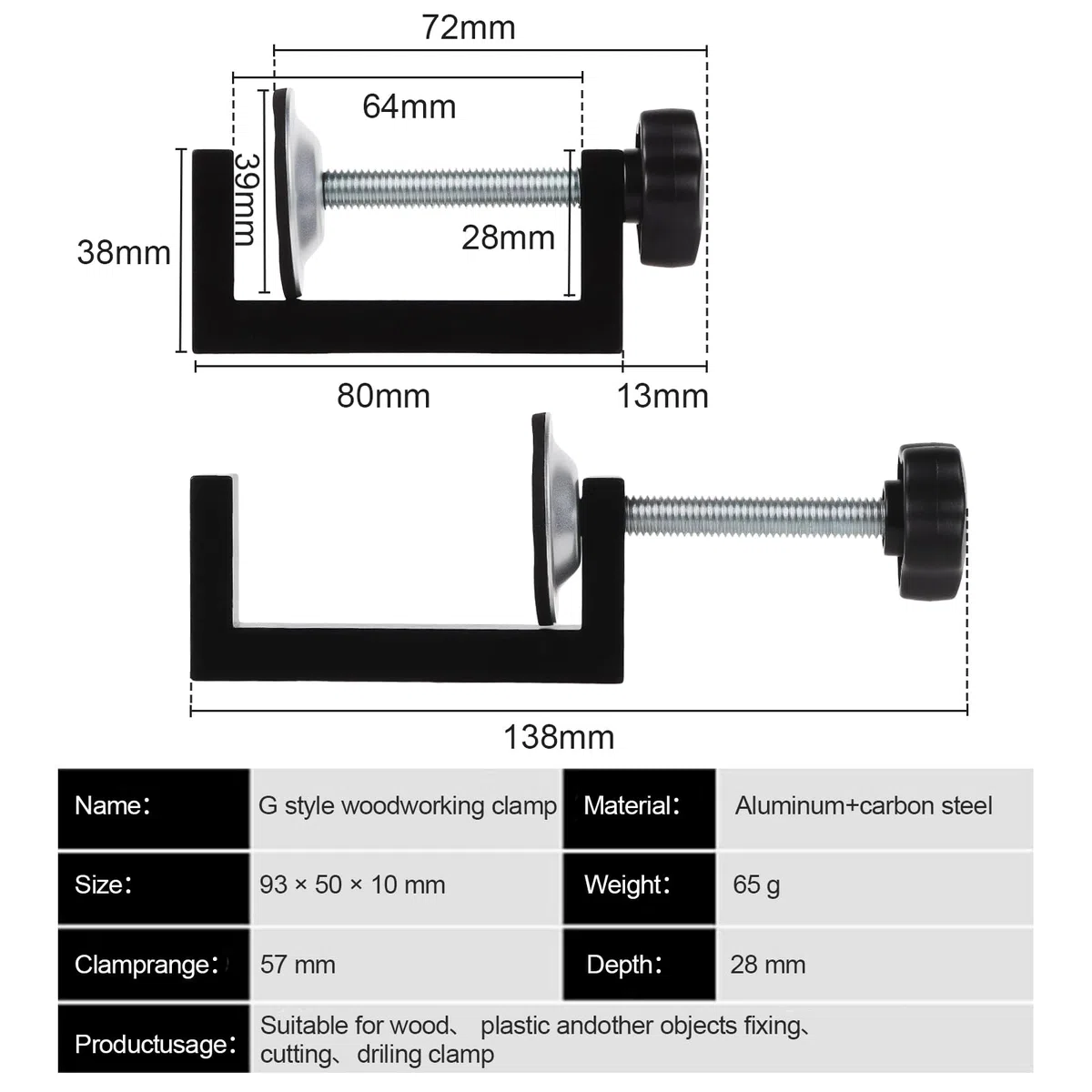 8 Pièces Serre Joint Kit, Plage de Serrage 10-57mm Pince en G, Serre Joint Menuisier Clip de Fixation, Outils Accessoires pour Pince de Table, Convient pour la Fixation Du Bois, Des Tables