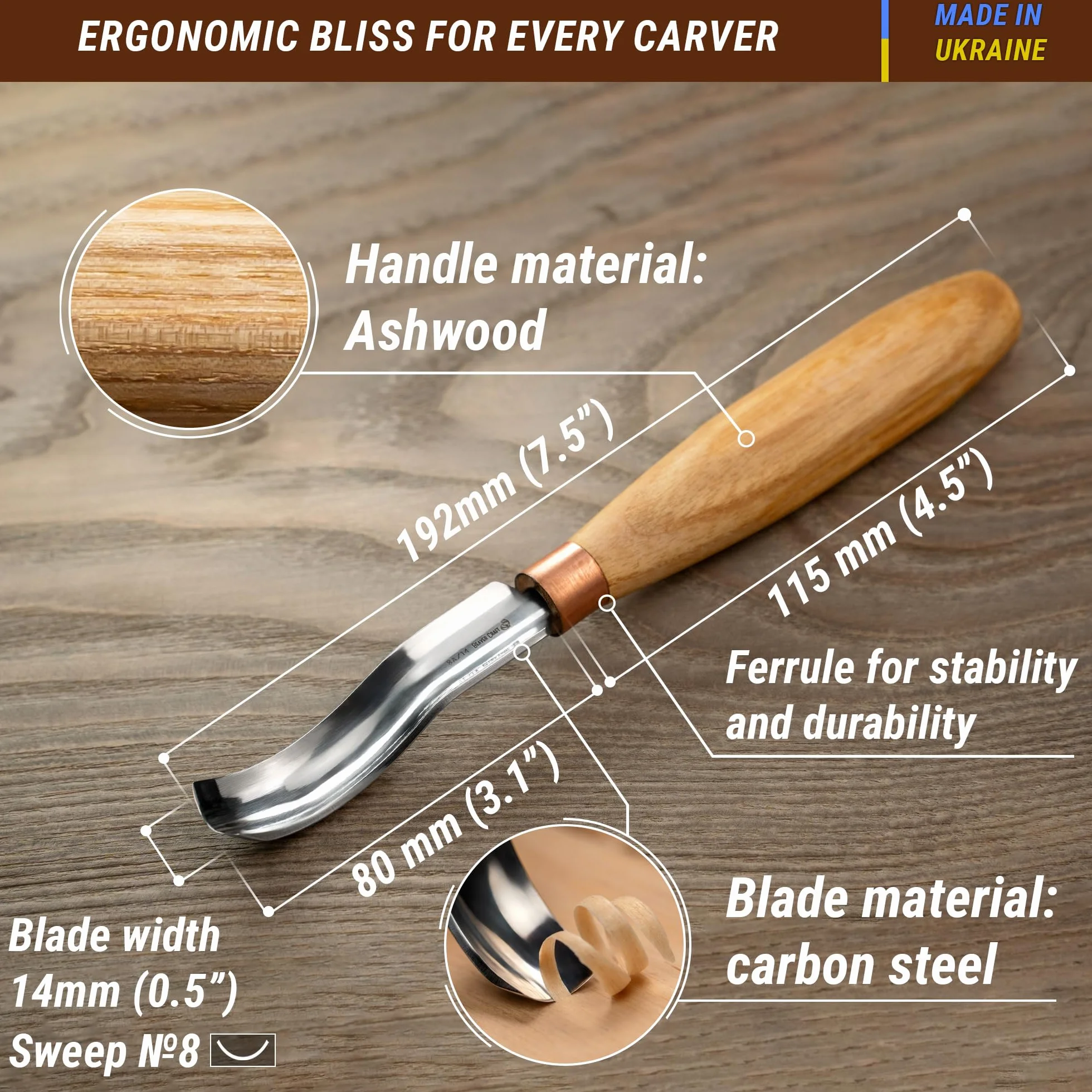 BeaverCraft, Gouge courbée pour la sculpture sur bois K8a/14 1,4cm - Outils pour la sculpture sur cuillère - Ciseau à main pour le travail du bois Couteau compact pour la sculpture sur bois pour