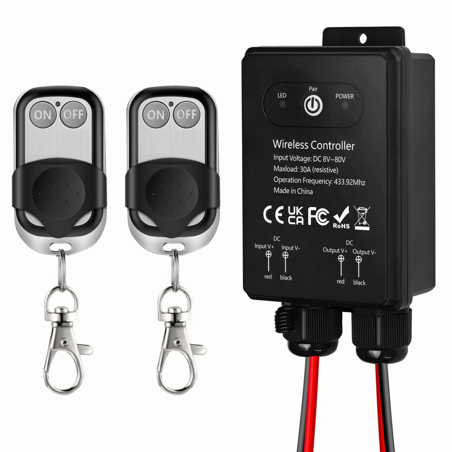 Commutateur à télécommande étanche, 12V/24V/48V/72V DC, Commutateur sans fil, Relais 30A avec portée longue de 50m, luminaires, ventilateurs de plafond et appareils électriques, zones humides