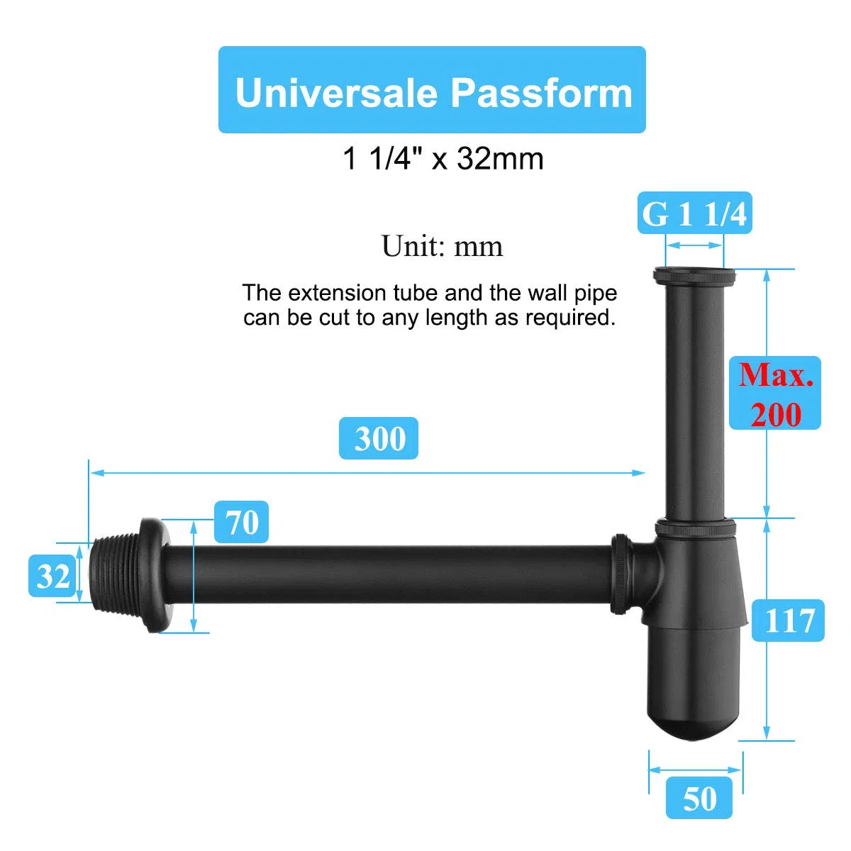 Laiton Siphon de Lavabo, Keymark Universel Syphon avec 200mm Tube Plongeur, 1 1/4 x 32mm Réglable Sifon Anti Odeur Anti-fuite, Noir