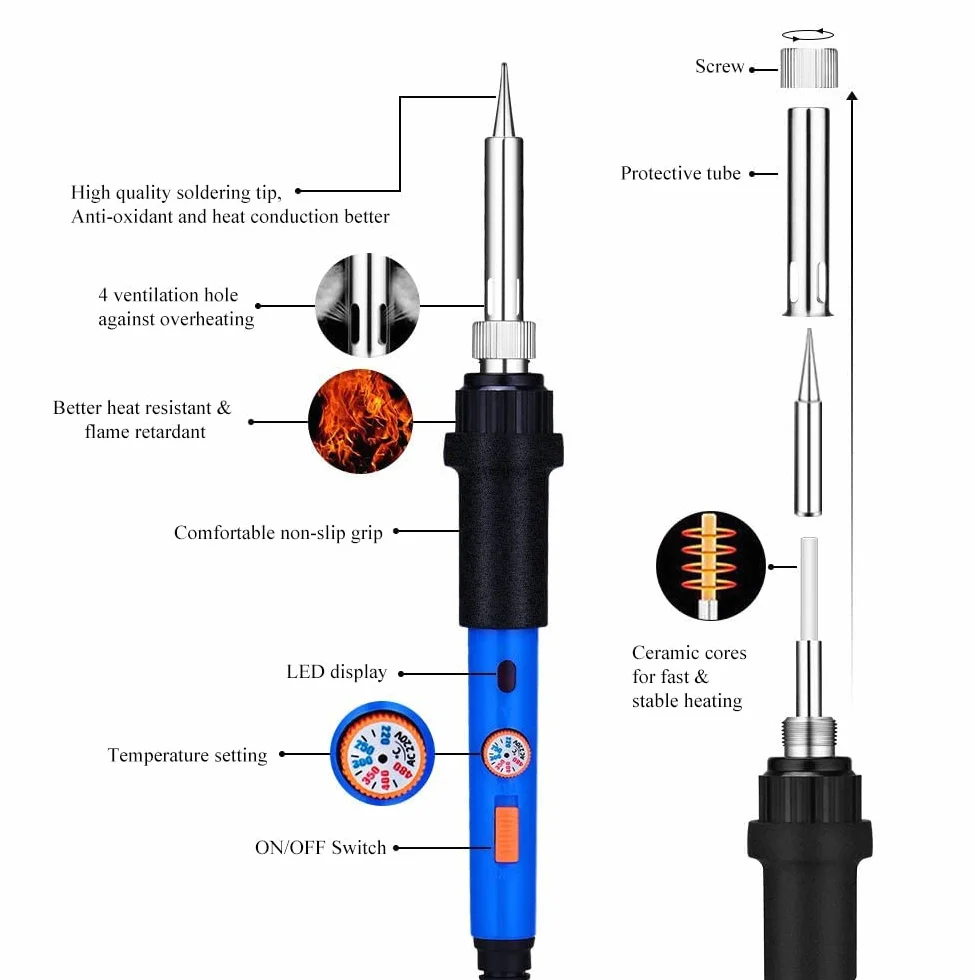 Fer à Souder Set 60W Kit de Soudage Électrique Interrupteur On/Off, Fer à Souder Température Réglable 220~480℃ 4 Pointe Soudage Pompe à Dessouder support Fil de Soudure Pincettes dénudeur de fil