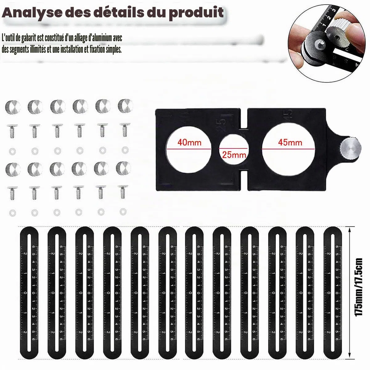 Outil de Template - Gabarit d'angle - Règle de mesure multi-angle - En alliage d'aluminium - 12 côtés - Outil de tuiles avec trou - Noir