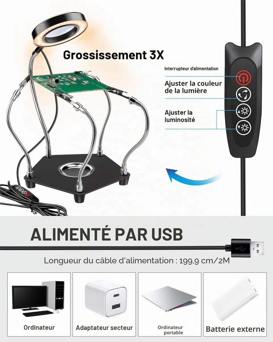 Lytool Troisième-Main-Soudure-Aider Les Mains Station de Soudage avec Lampe Loupe 3X LED à Intensité Variable Main d'Aide à Souder Flexible avec 4 Bras de Support pour les Réparations-de-Soudure