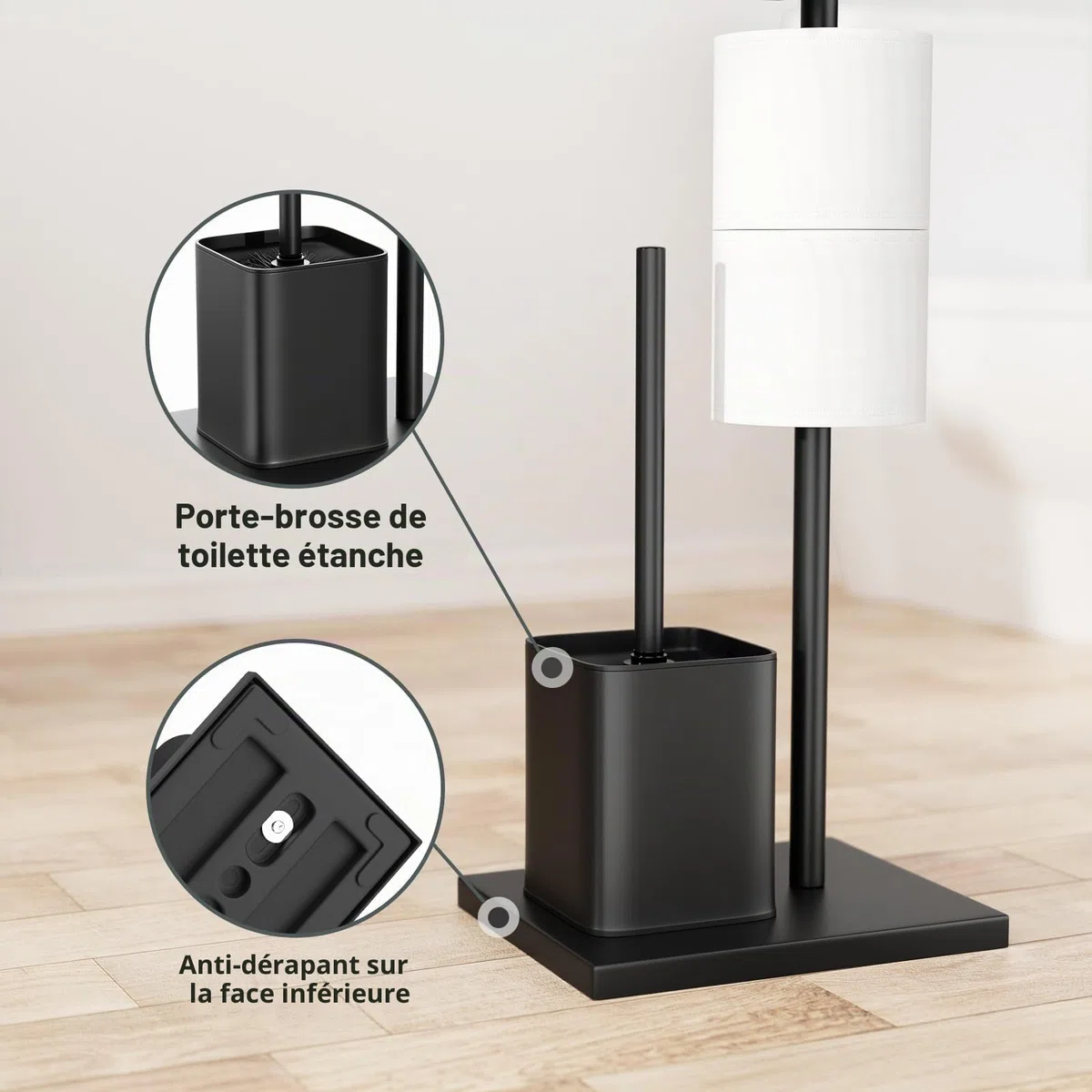 Porte Papier Toilette avec Brosse WC - Porte Rouleau Debout en Acier Inoxydable, Dérouleur Papier Aucun Perçage Requis (Noir Mat)
