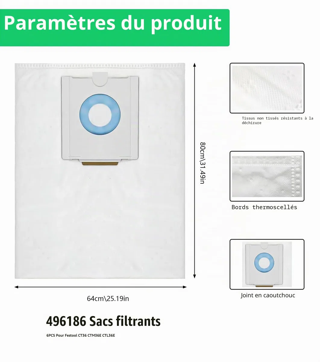 Lot de 6 compatibles sac aspirateur festool 496186 pour sacs aspirateur Festool CT 36 / CTM 36 E/CTL 36 E, 5 couches de grande capacité - Pièces de rechange SC FIS-CT 36