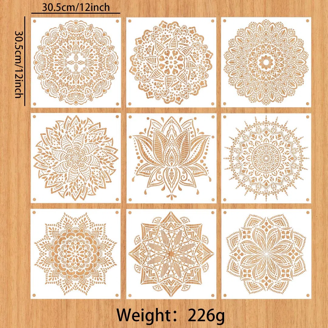 9 Pièces Grandes Mandala Pochoir Réutilisable Pochoirs de Peinture, Plastique Mandala Stencils Pochoir pour Planchers, Fenêtres, Meubles, Wall, Scrapbooking Décoration 30x30CM (Blanc)