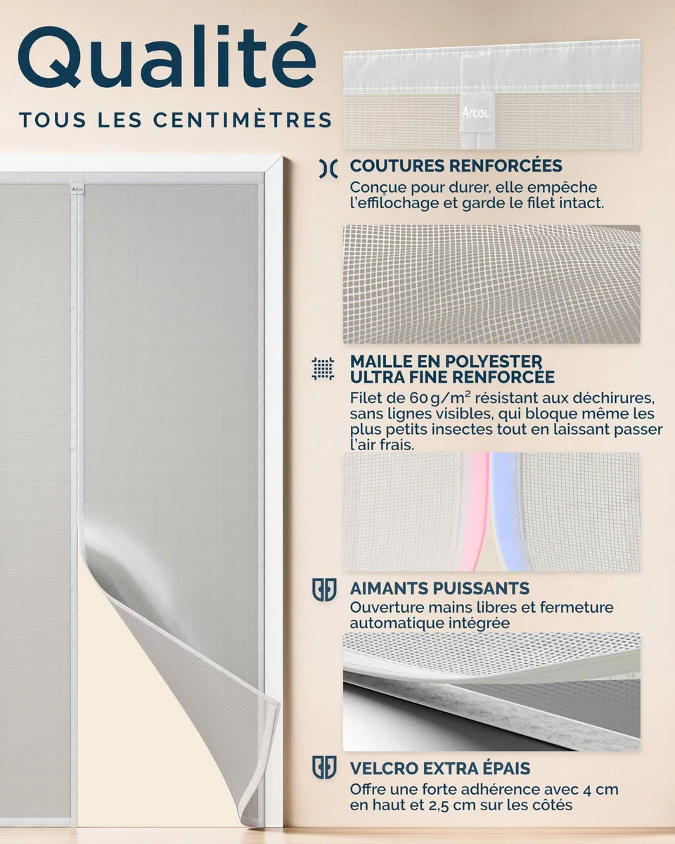 ARCOL Moustiquaire Magnétique pour Portes 155x220 cm Réglable en Largeur – Rideau Moustiquaire Porte Fenêtre avec Bandes Velcro, Moustiquaire Magnétique Porte Fenêtre Raccourcissable (Blanc)