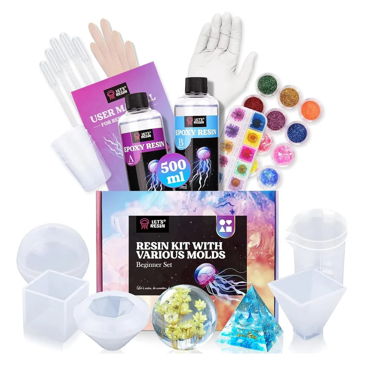LET'S RESIN Epoxy Resin Kit Complet, 500ml Kit Resine Epoxy Complet Débutant avec Moule Resine Epoxy