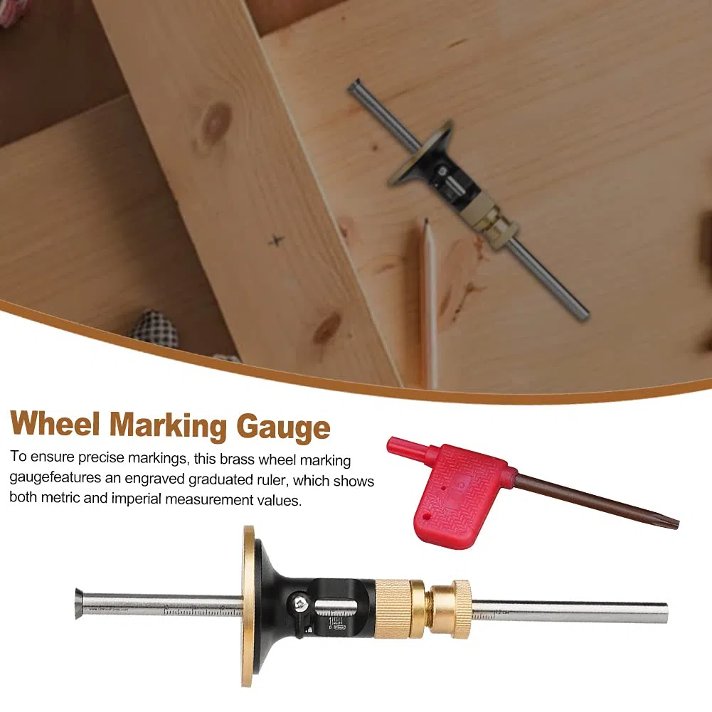Jauge de marquage de roue avec clé T15, 0,2 mm, kit de jauge de marquage de roue léger, micro ajusteur pour travail du bois (noir + or, taille : 21,6 x 5,8 cm)