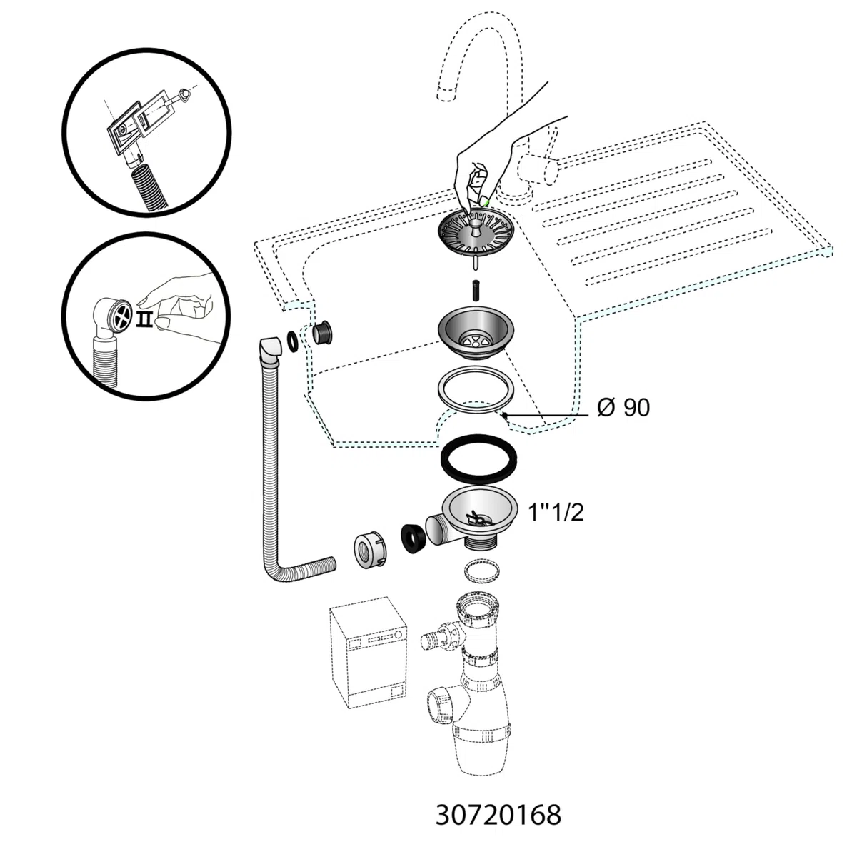 Wirquin 30723117 Bonde pour évier ø90 1 bac, plastique et métal, avec trop-plein exterieur, chromé, Blanc