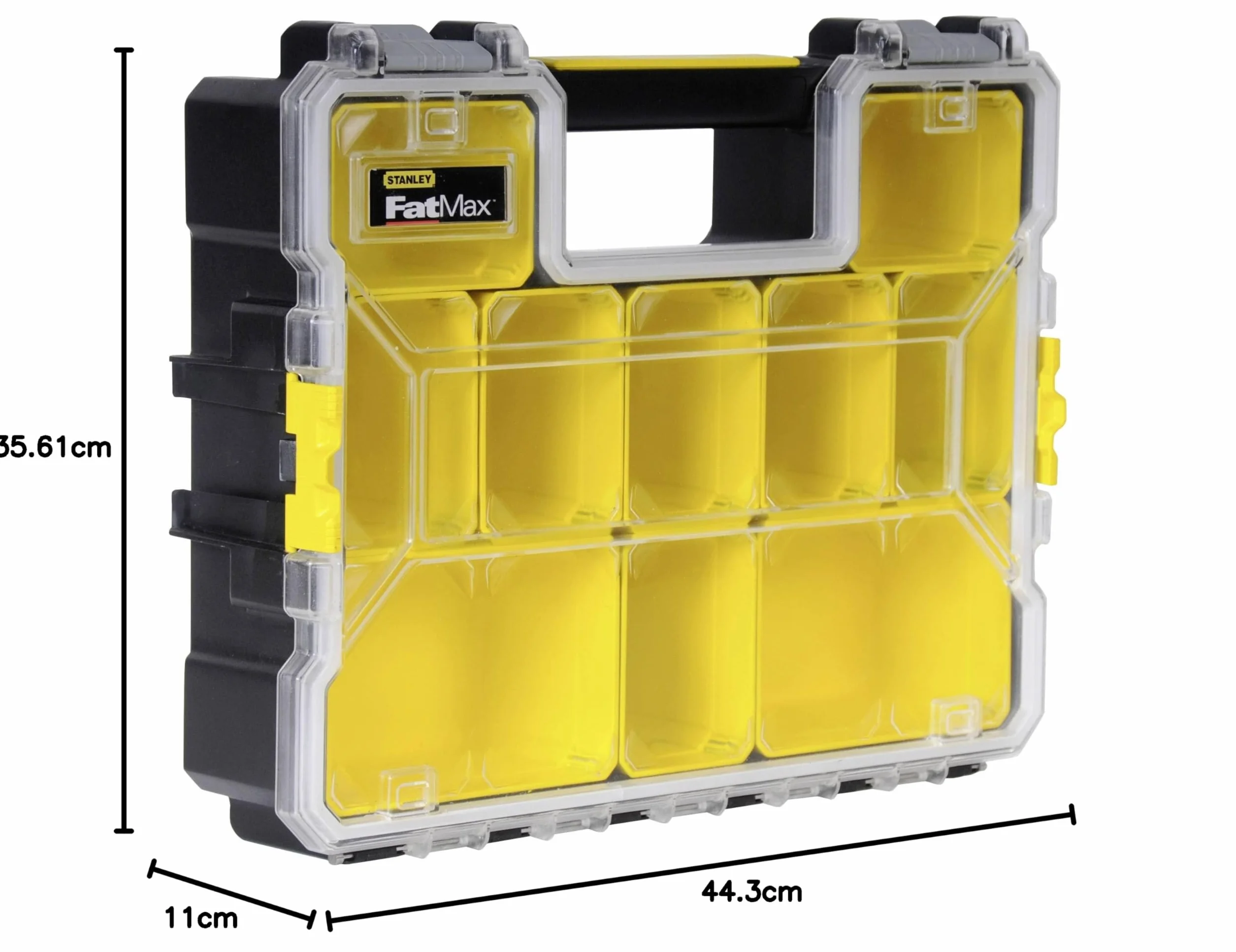 STANLEY 1-97-521 Rangement Organiseurs et Casiers Gamme FATMAX - Polycarbonate Incassable - 10 Compartiments Amovibles Peu Profonds - Étanche - Poignée de Transport - Capacité 3.5L