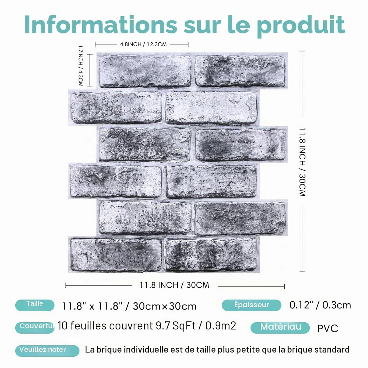 Commomy Panneaux Muraux 3D Fausse Brique Murale, Panneau Mural Décoratif Revêtement Mural, 10 Pièces, 30x30 cm, Dalle PVC Adhesive Murale Pour Salon Chambre à Coucher Cuisine Décoration Intérieure