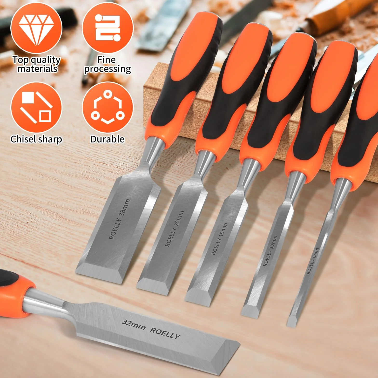 ROELLY Ciseaux a Bois Professionnels 6 Pièces, 6, 12, 19, 25, 32, 38 mm, Gouge a Bois,Outils Menuiserie，Lames Tranchantes Avec Poignées Confortables pour La Sculpture Sur Bois