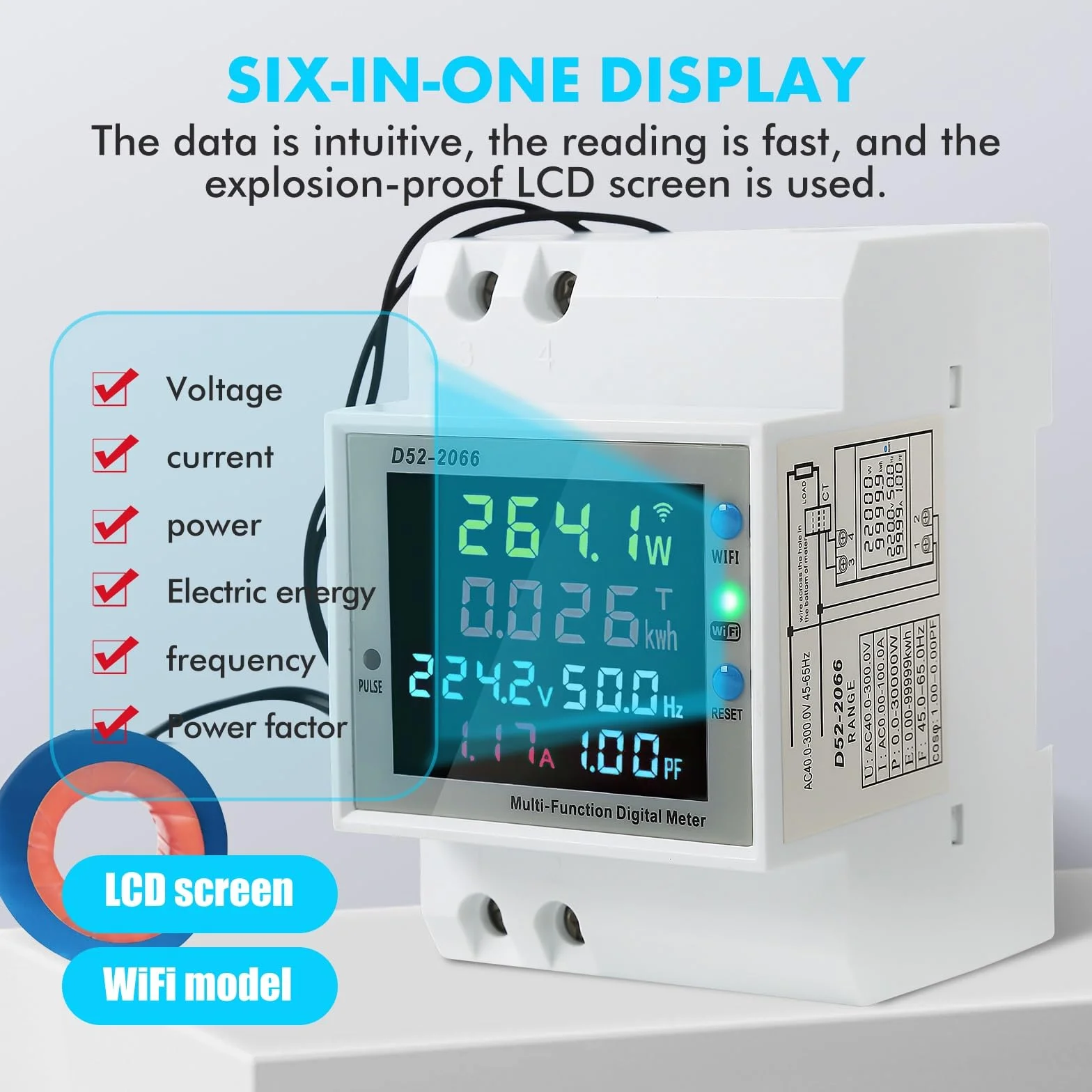 Jadeshay WiFi Compteur d'Énergie Monophasé, 6 en 1 Compteur Electrique Wattmetre Wifi LCD Voltmètre Ampèremètre Numérique pour Rail DIN Compteur KWh AC40-300V 100A(CT externe)