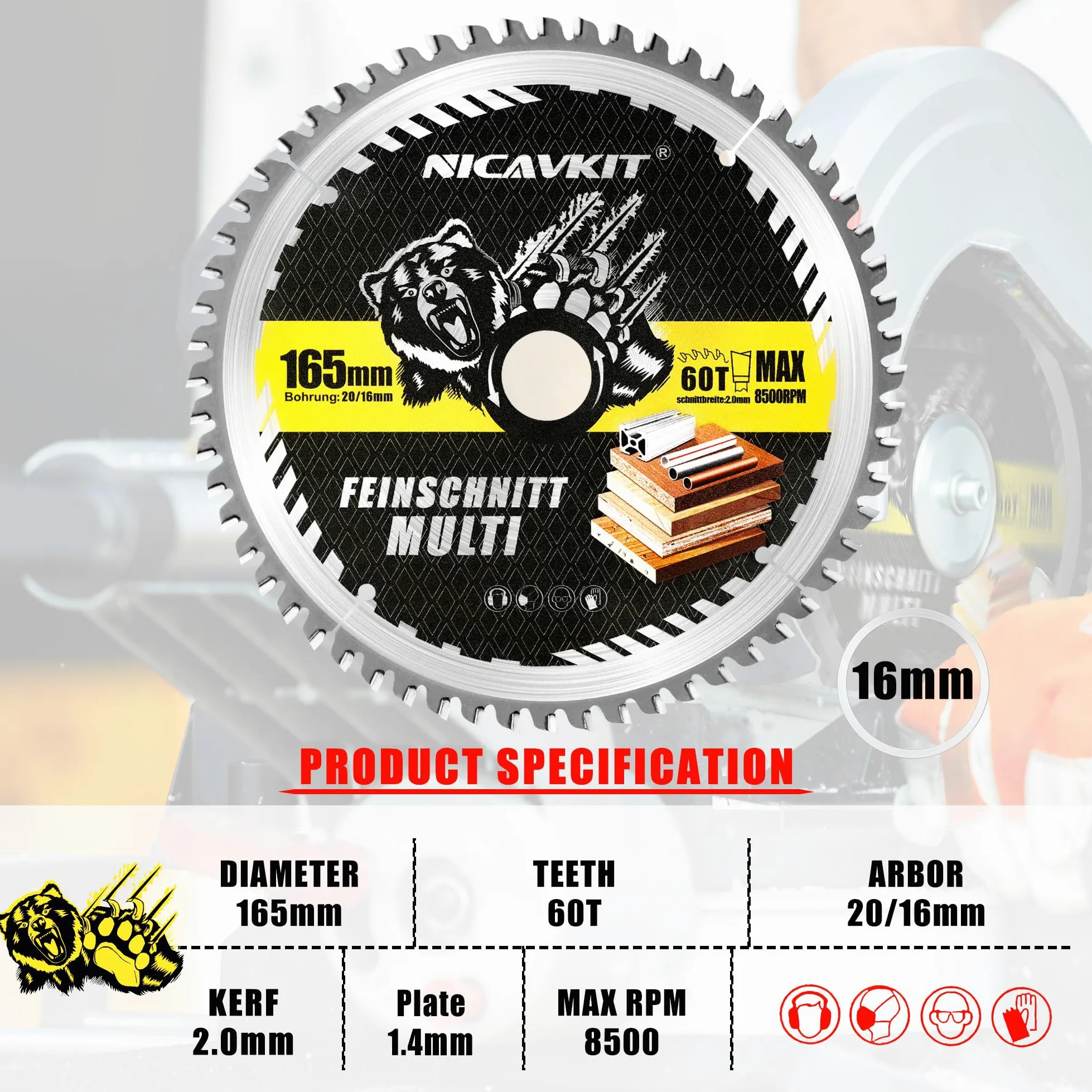 Lame scie circulaire Ø 165 x 20 mm pour bois, métal et aluminium, etc. Avec bague de réduction de 16 mm – Lame de scie multi-matériaux 160 x 20 mm Compatible avec Bosch, Makita & Dewalt