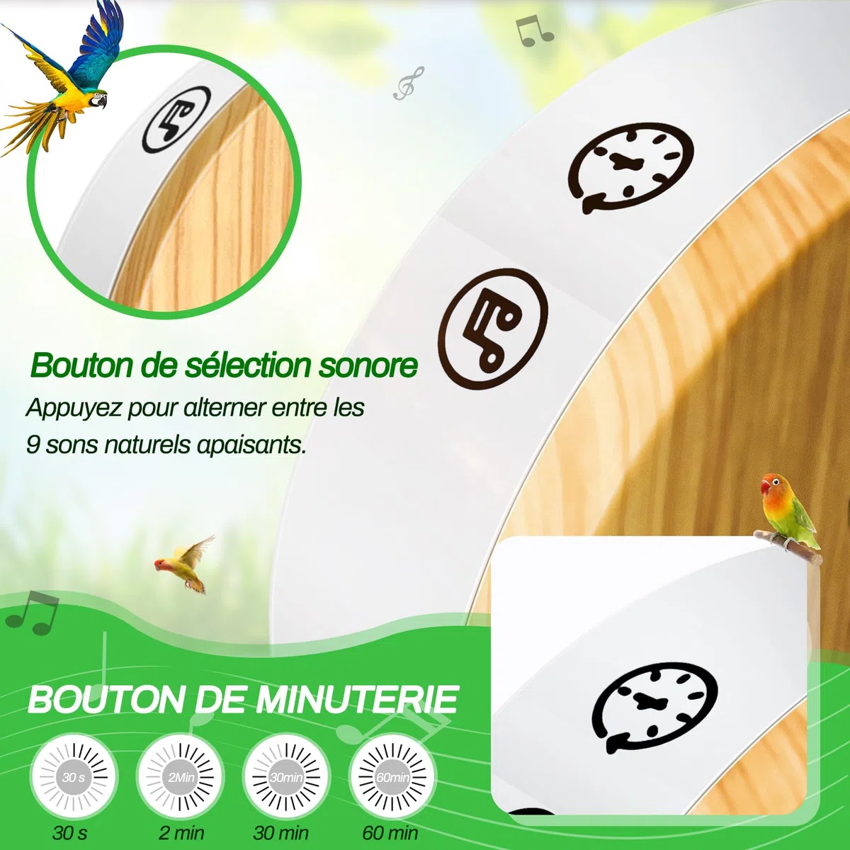 Boîte détecteur de Mouvement avec Chant d'oiseaux, Rodukee Boîte Soundbox Oiseau avec Minuterie, 9 Naturels Birdsongs, Murmure de Ruisseau, Source Forestière, Boîte à Musique Relaxante et Détente