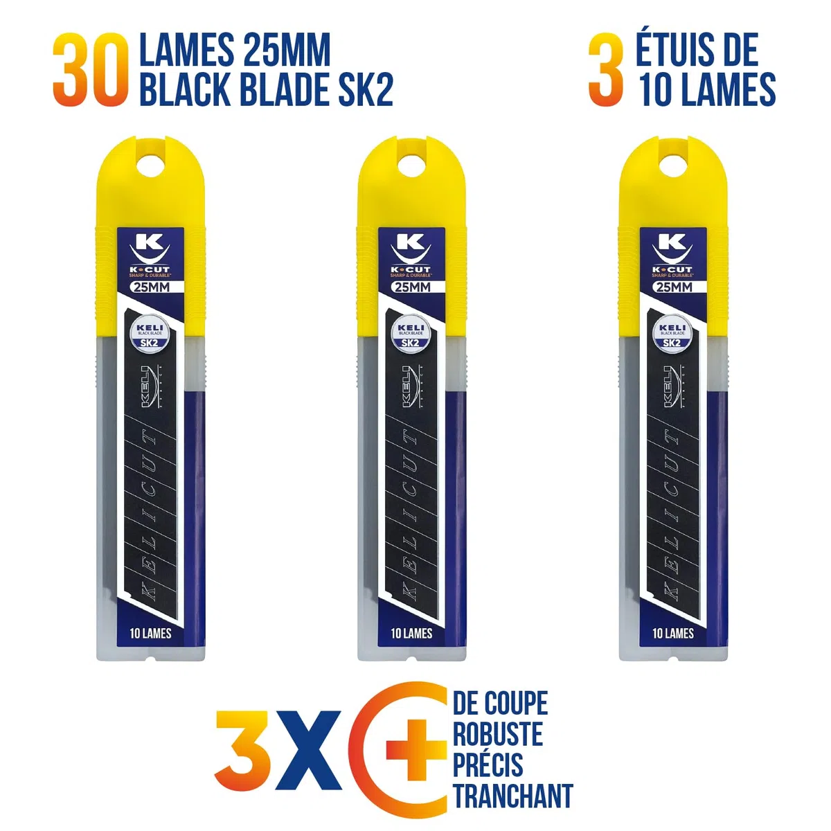 Lames sécables BLACK BLADE SK2 - Durée de vie 3 fois supérieure, Gravure Laser, étuis de 10 lames (25mm) - Lot de 3 étuis