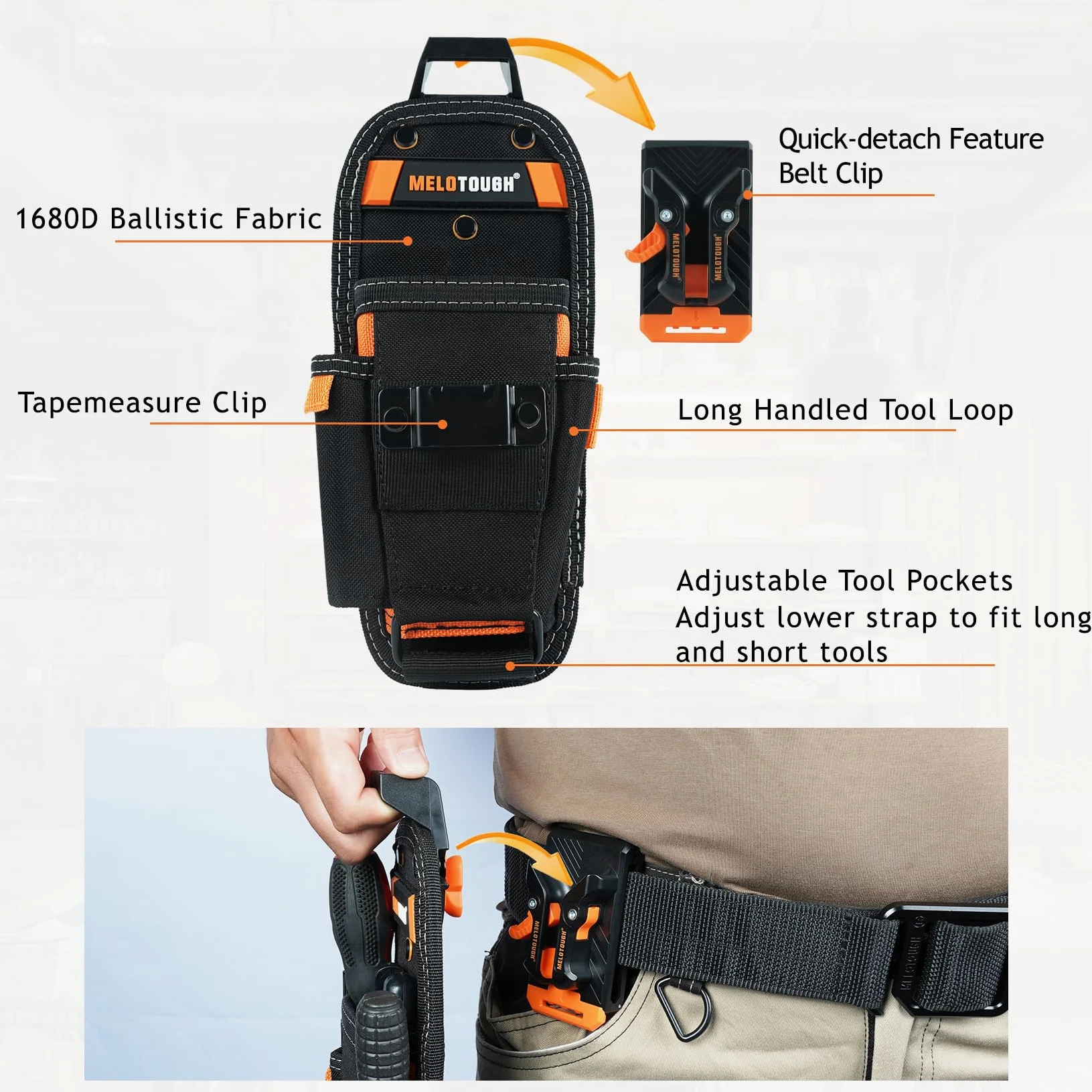 MELOTOUGH Petite pochette à outils avec clip de ceinture à dégagement rapide, pochette à outils mini organiseur de travail