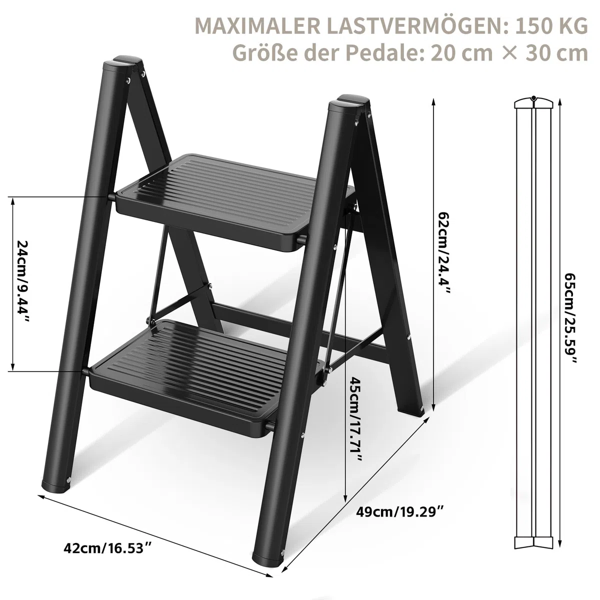 Escabeau pliant - Cadre en acier robuste - Charge maximale : 150 kg - Design pliable avec surface antidérapante pour plus de sécurité (2 marches)