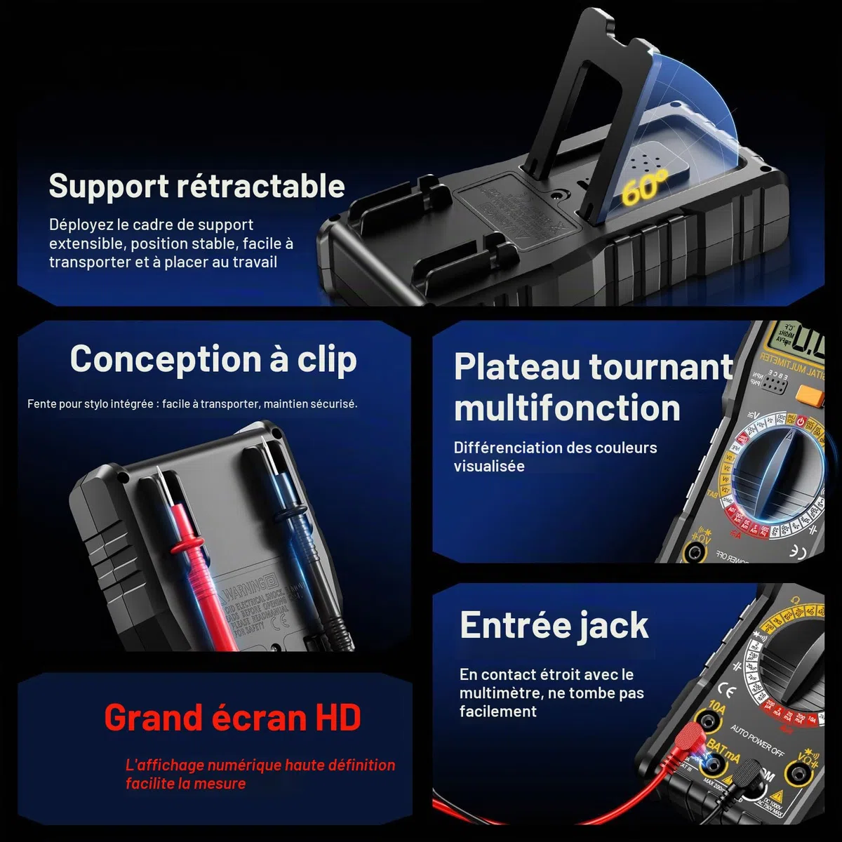Multimètre numérique rechargeable - Multimètre numérique intelligent - Testeur de tension électrique - Batterie intégrée - Fonction de détection NCV - AC/DC - Résistance - Capacité - Fil neutre