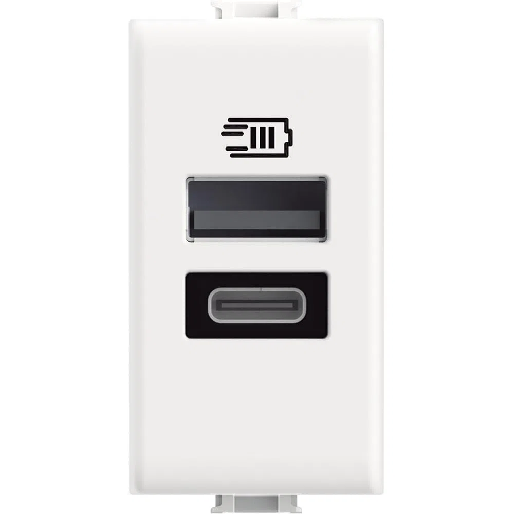Bticino AM4191AC Chargeur USB avec Deux entrées de Type A et C, à Installer dans la Plaque Matix, pour recharger Un Appareil électronique jusqu'à 15 W ou Deux appareils simultanés, 1 Place, Blanc