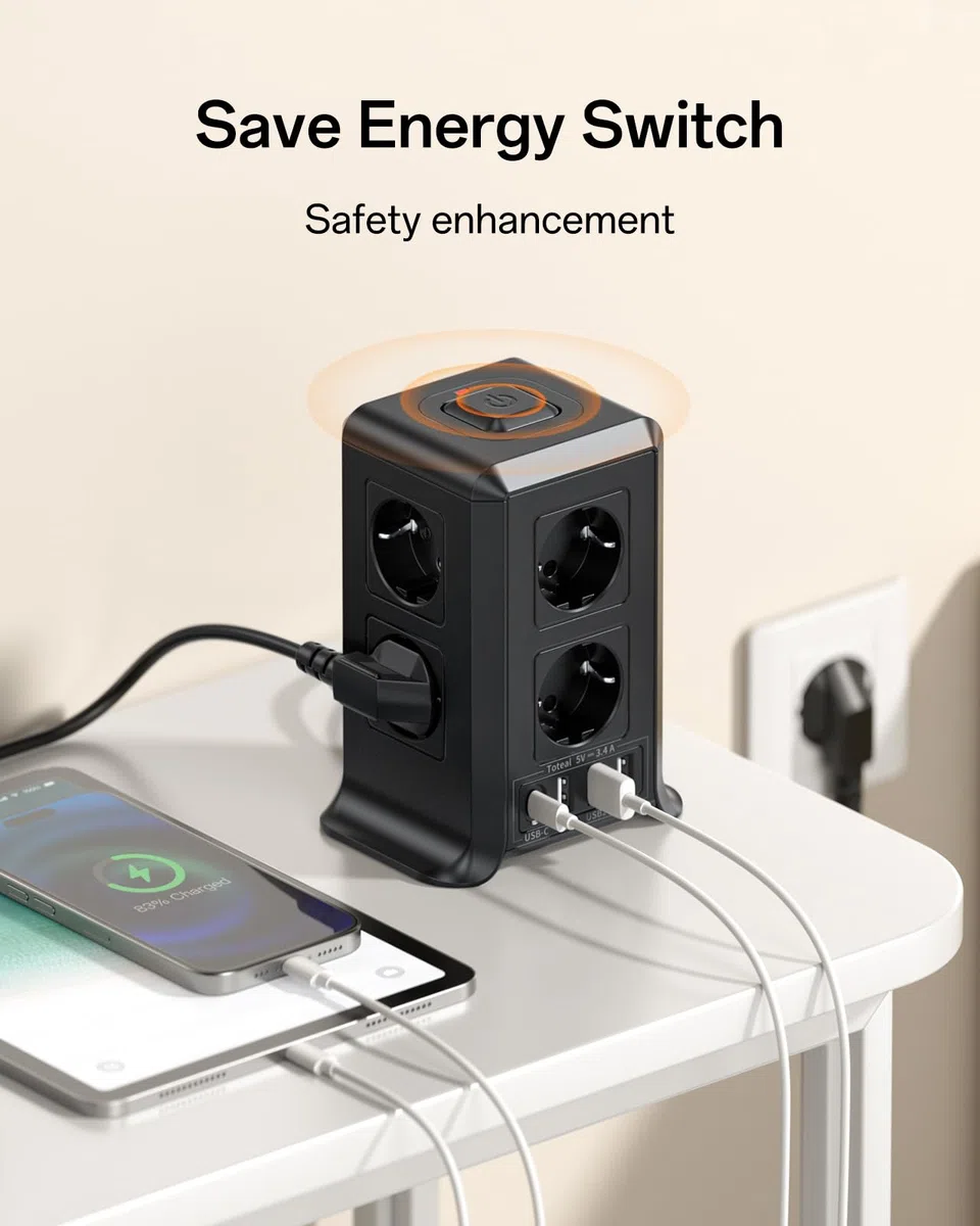 Multiprise avec Interrupteur, Multiprise Parafoudre et Surtension with 8 Sortie AC and 4 USB Ports, pour Le Bureau, Salon, Chambre à Coucher