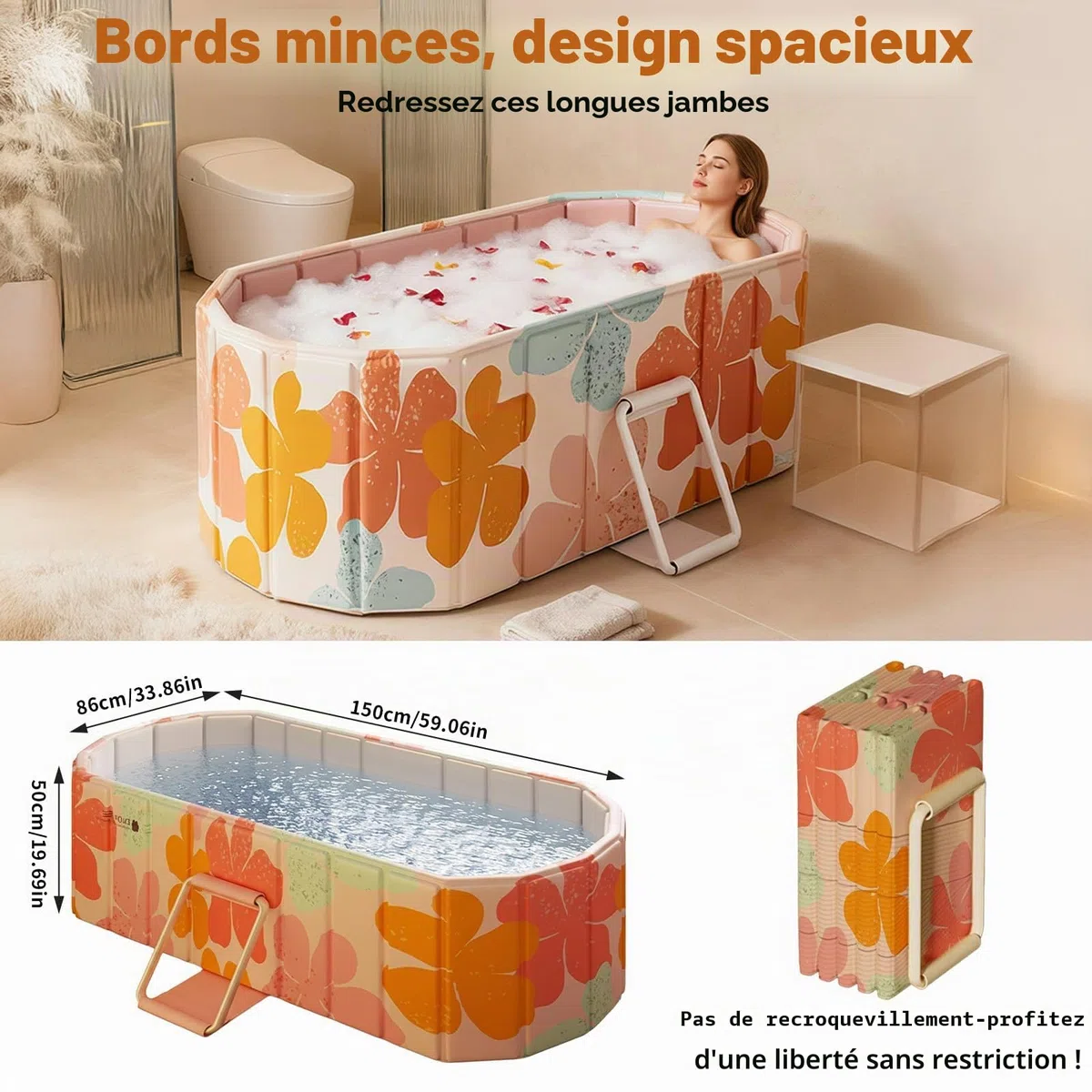 Baignoire portable pour adulte - Baignoire pliable non gonflable pour un confort et une détente ultimes - Baignoire à glace chaude pour l'intérieur ou l'extérieur