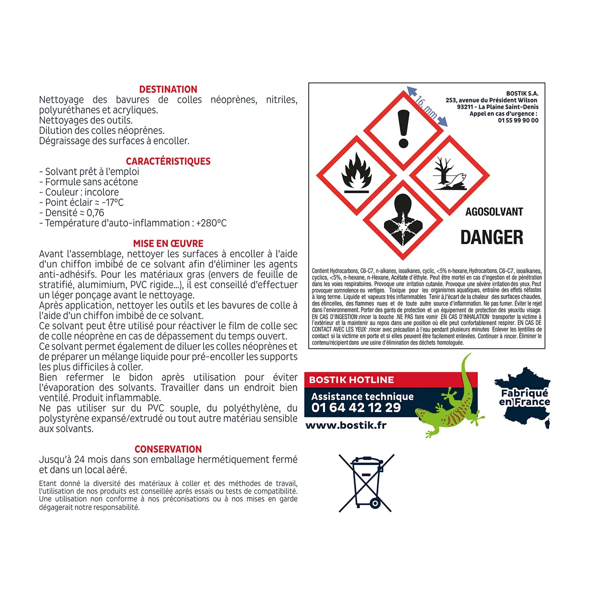 Bostik AGOSOLVANT Diluant et Nettoyant de Colles – Dégraissage des Surfaces à Encoller – Formule sans Acétone – Incolore – Bidon de 1L