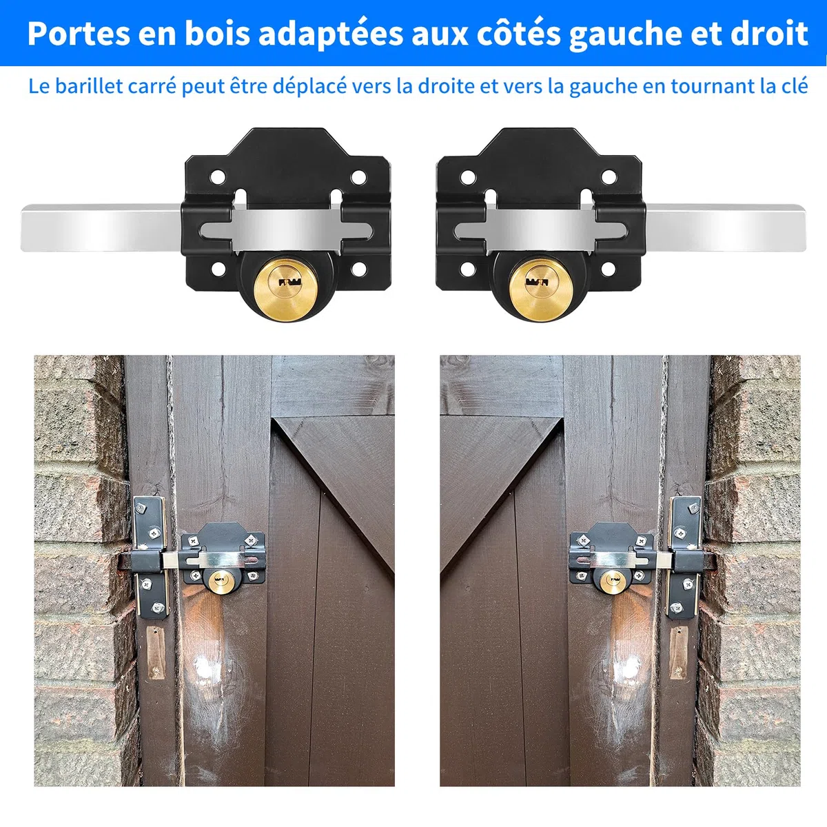 Serrure de portail longue portée 50 mm, double verrouillage, en acier inoxydable, pour portail en bois, 5 clés