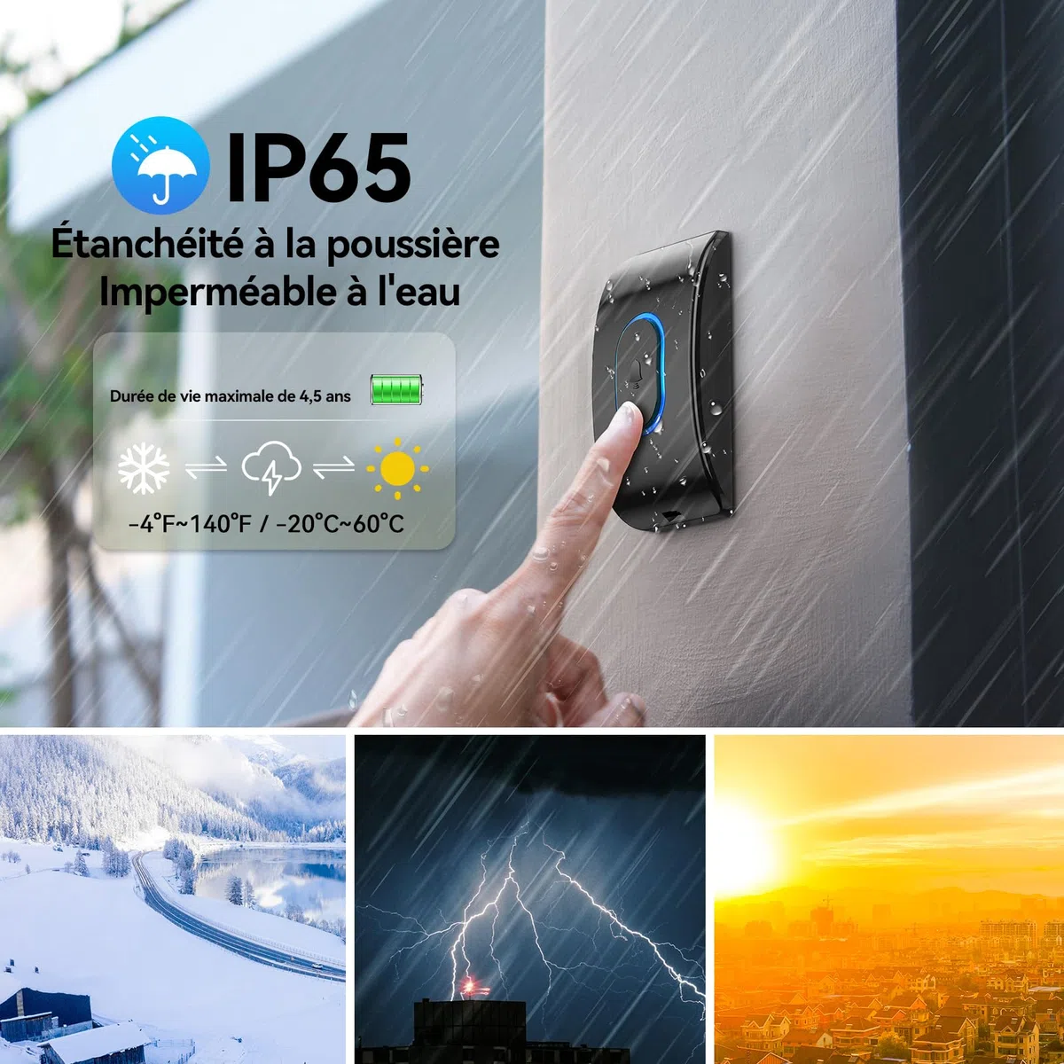 TECKNET Sonnette sans Fil Exterieur Etanche avec 2 Récepteurs, Portée de 400M, IP65 Etanche Carillon, 60 Mélodies et 5 Niveaux Volume, Indicateur LED Bleu, pour Maison, Hôtel -Noir