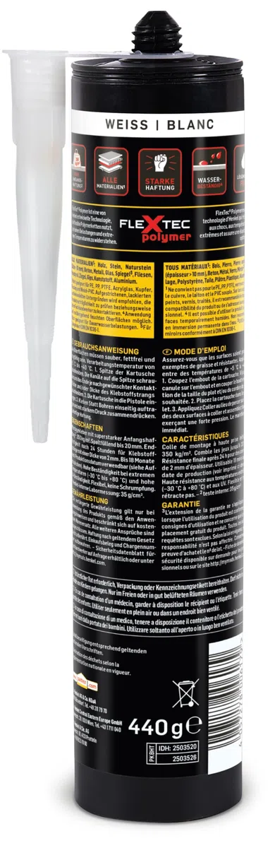 Pattex Colle au lieu de percer High Tack, colle de montage et colle de construction à haute adhérence initiale, colle forte pour presque toutes les surfaces, colle polyvalente flexible, cartouche de
