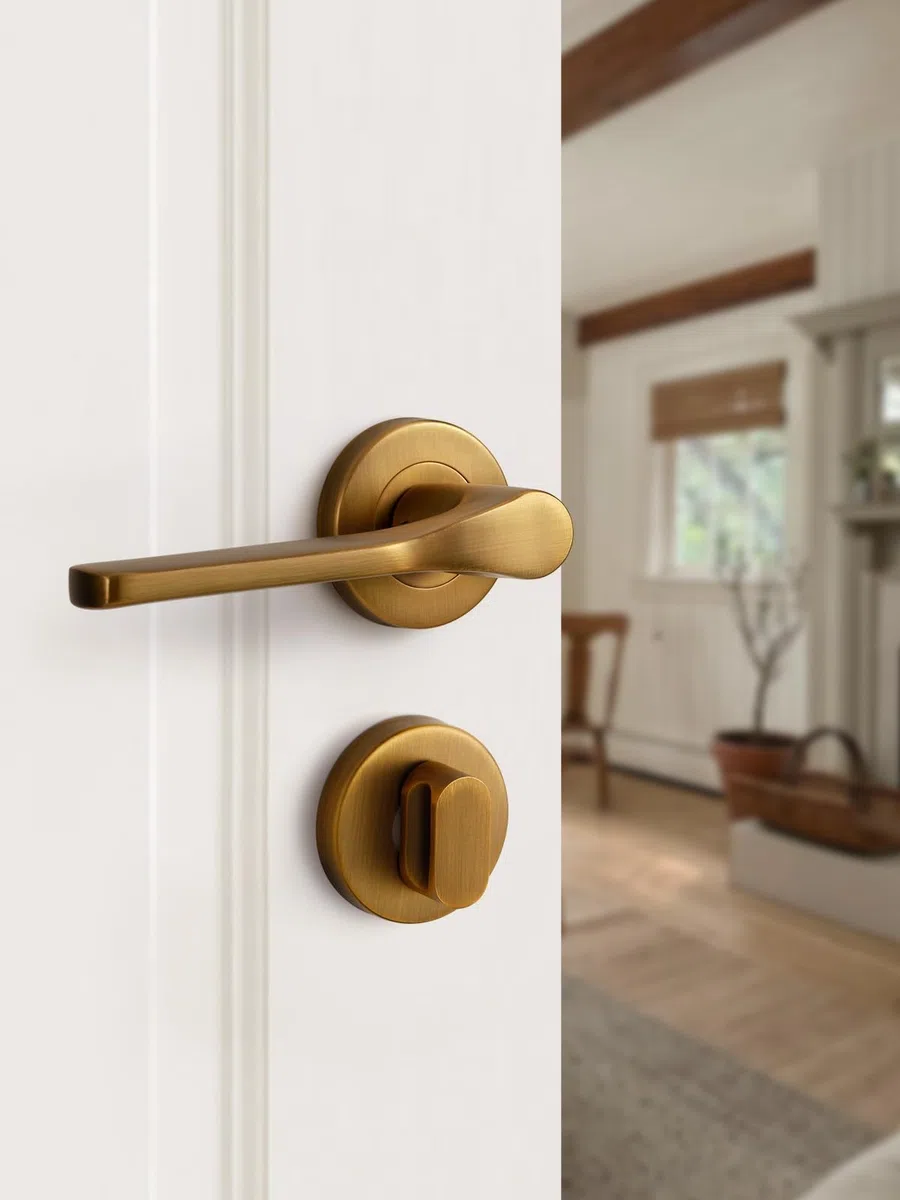 Poignée de porte en laiton antique,garniture de poignée,acier inoxydable brossé mat,ensemble de poignées pour porte d'entrée et porte intérieure,forme en L, rosace ronde,WC
