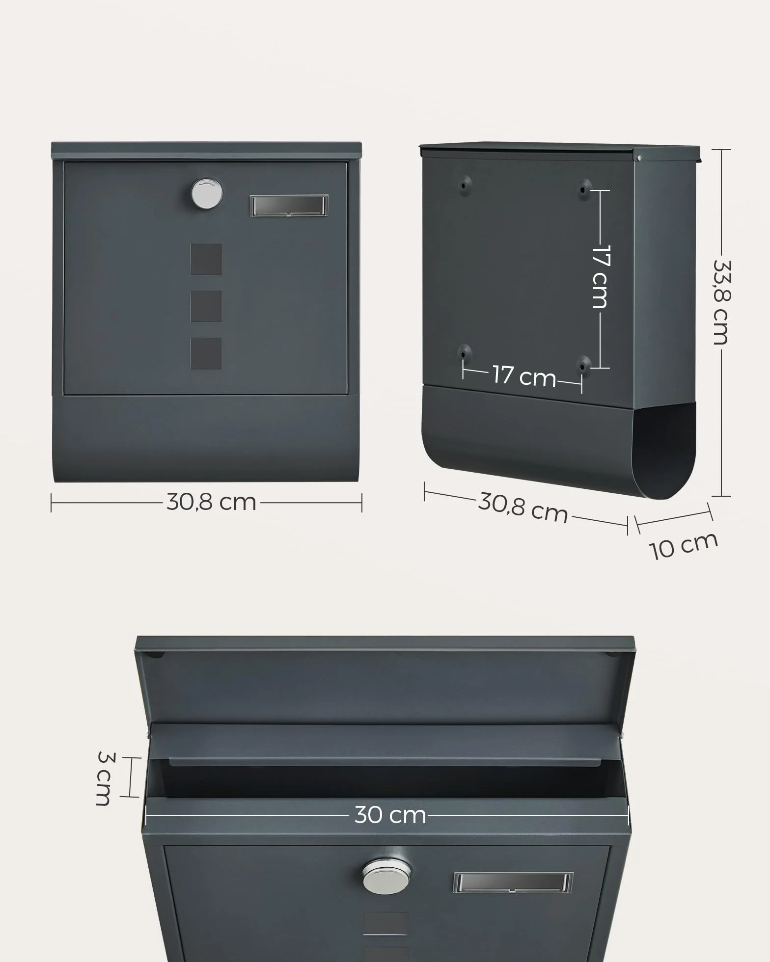 SONGMICS Boîte aux Lettres Murale, avec Serrure avec Couvercle Rotatif, Fenêtre de Visualisation, Porte-nom, Compartiment à Journaux, Montage Facile, 10 x 30,8 x 33,8 cm, Gris Anthracite GMB20AG