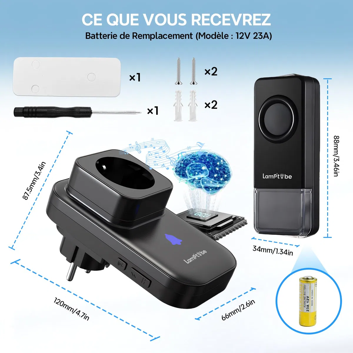 Sonnette Sans Fil Prise Secteur 400 Mètres, Sonnette de Porte Sans Fil Exterieur Etanche IP55, 58 Mélodies 5 Niveaux Volumes, Sonnette pour Maison, Bureau, Hôtel, Noir (1-set)
