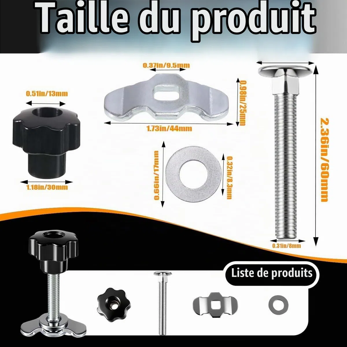 Fixations à vis M8x60 pour Rails d'arrimage, 12 pièces, Noir | fixations à vis avec poignée en étoile pour rails d'arrimage, accessoires pour camping-cars