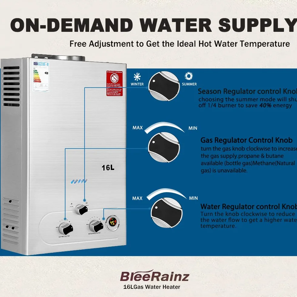 BreeRainz Chauffe-eau à Gaz 16LPM,32KW Chauffe-eau à Gaz GPL Propane Butane,Pression d'eau de Démarrage Super Basse,pour la Maison et I'extérieur