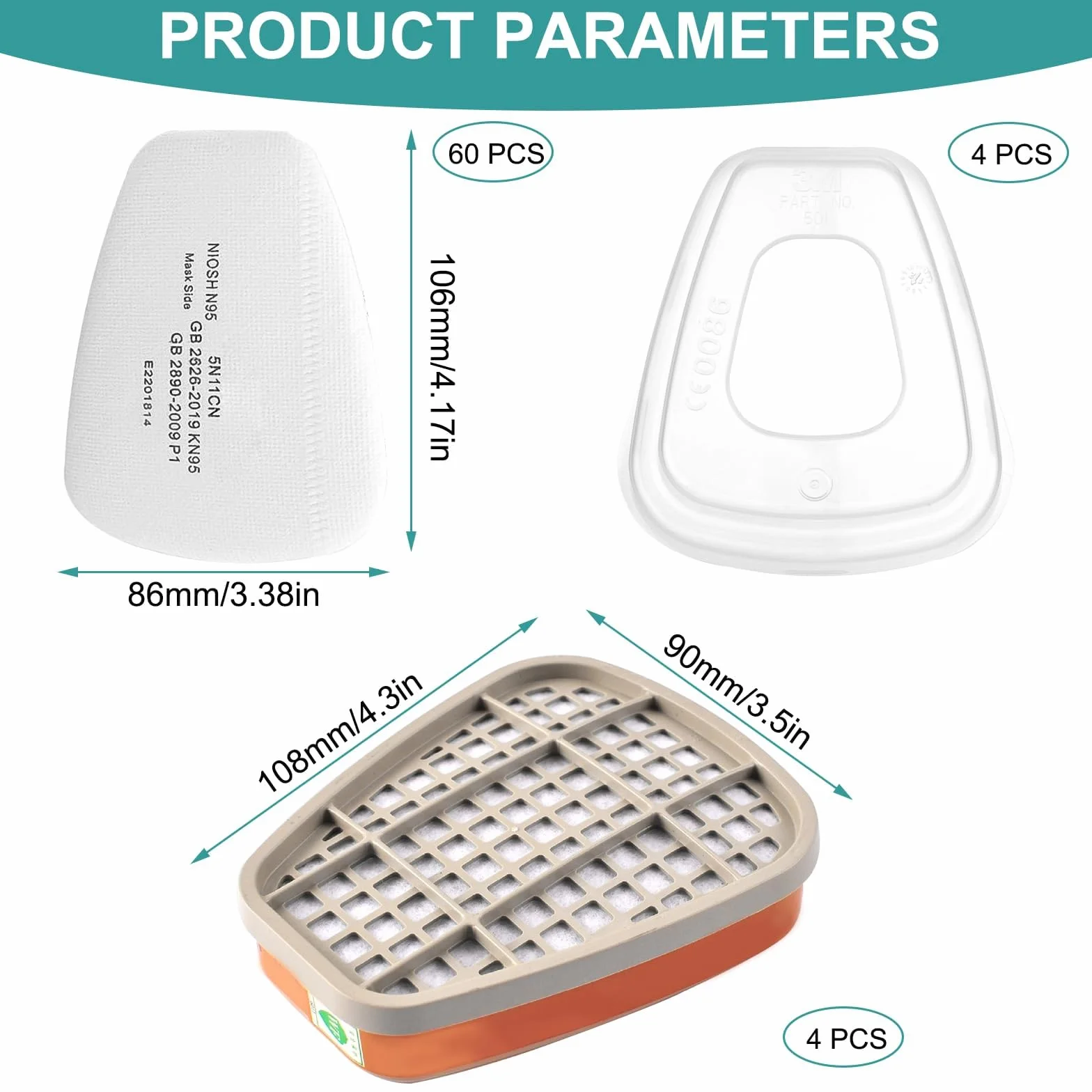 6001 Rechange Filtres de Protection Respiratoire Réutilisable Kit, 60 Cotons Filtrants, pour Filtration Purifier, Face Protection, Compatible 6100/6200 / 7501/7502 / 6502/6800 Blanc