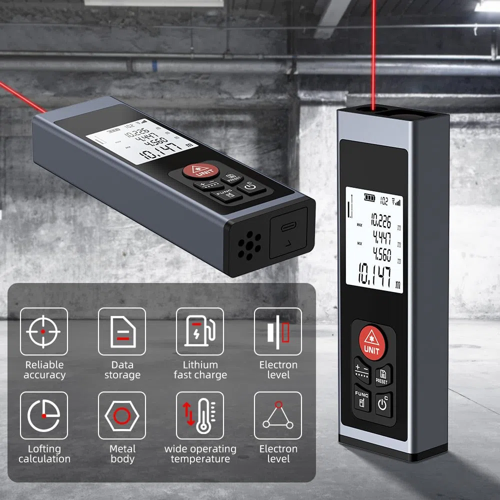 REVASRI 40M Télémètre Professionnel, télémètre Laser avec Niveau à Bulle électronique M/in/Ft rétroéclairage LCD Distance/Zone/Volume/Pythagore/Mesure Continue et USB C Rechargeable