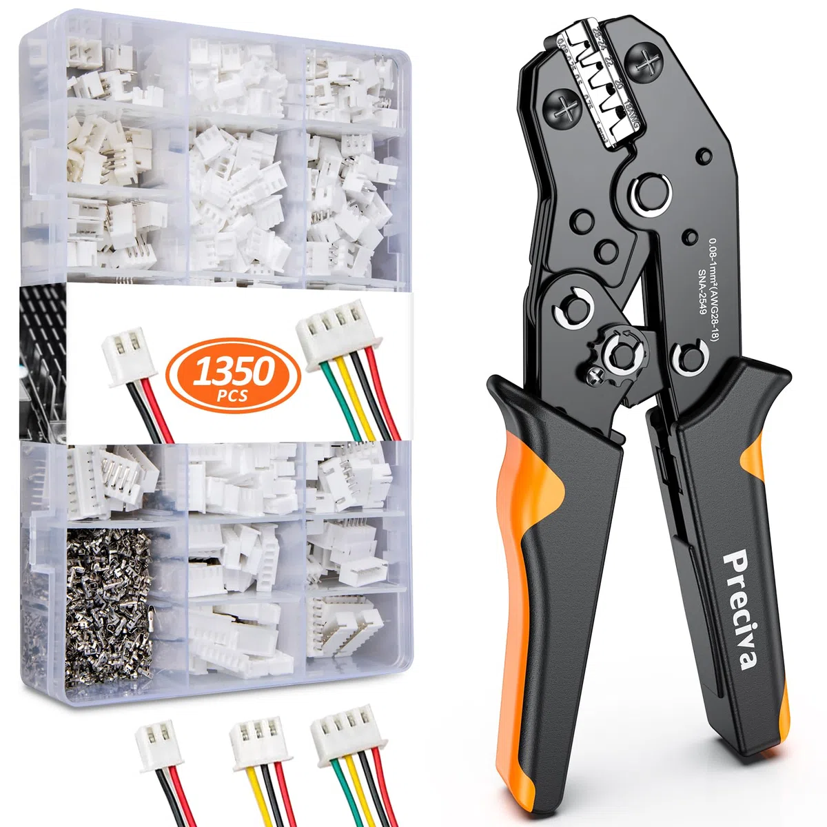 Preciva Pince à Sertir avec 1350pcs Connecteur Jst, 0.08-1mm² (AWG28-18) Cosses Electriques a Sertir avec 550 Connecteurs JST-XH et 800 broches JST-XH