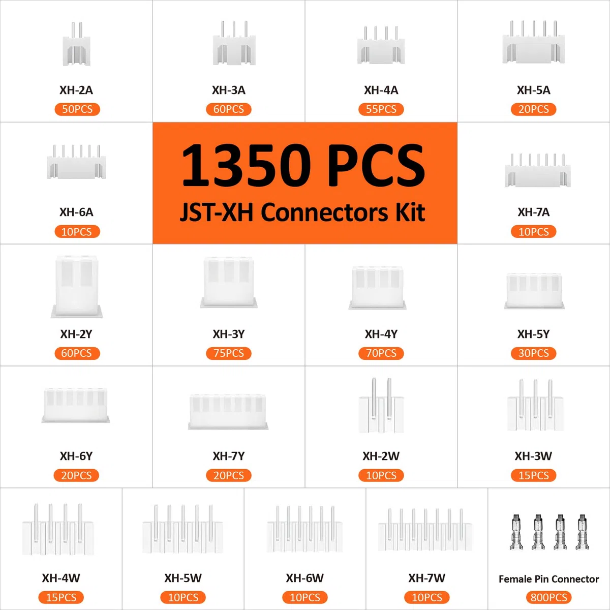 Preciva Pince à Sertir avec 1350pcs Connecteur Jst, 0.08-1mm² (AWG28-18) Cosses Electriques a Sertir avec 550 Connecteurs JST-XH et 800 broches JST-XH