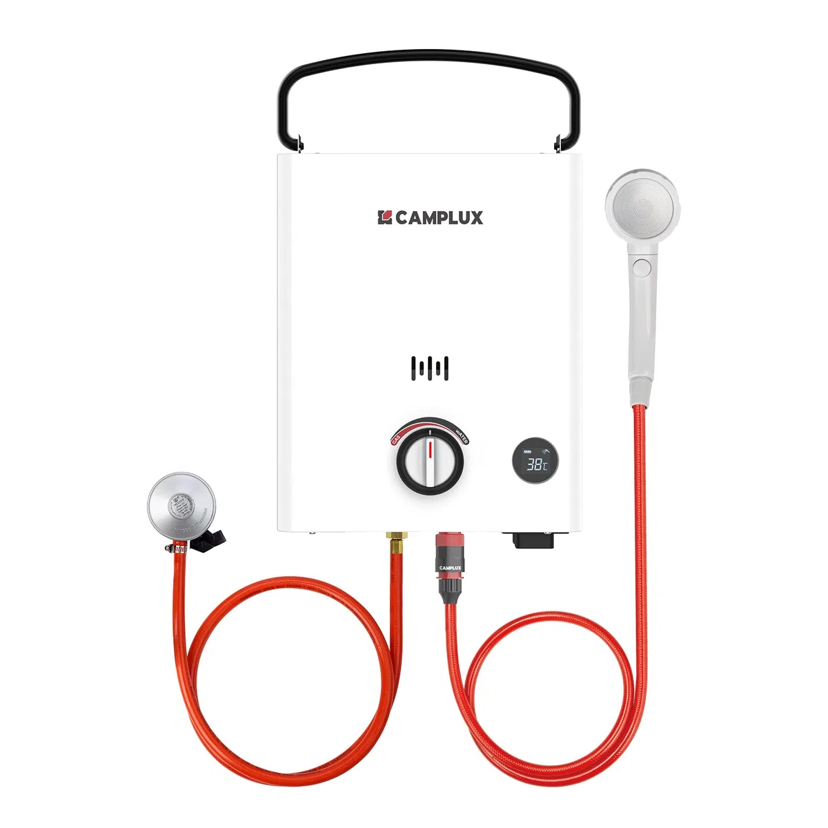 CAMPLUX First Chauffe-Eau à Gaz 5 Litres avec Poignée Réglable, pour Douche Extérieure/Camping/Caravaning, Butane (28-30 mbar)/ Propane (37 mbar), F5
