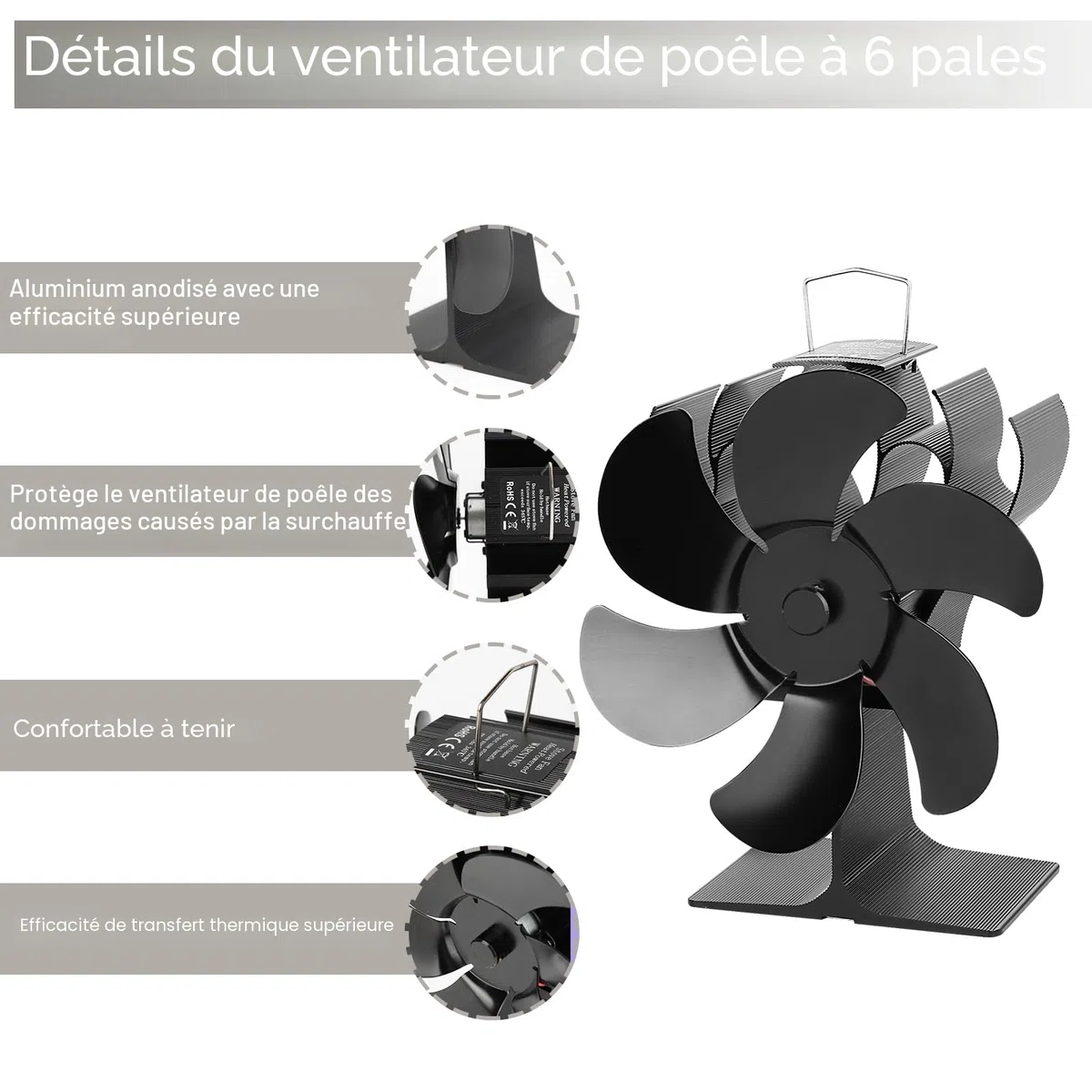 Ventilateur de cheminée à 6 pales, ventilateur de poêle avec télécommande, ventilateur à commande thermique pour poêles à bois et cheminées, fonctionnement silencieux