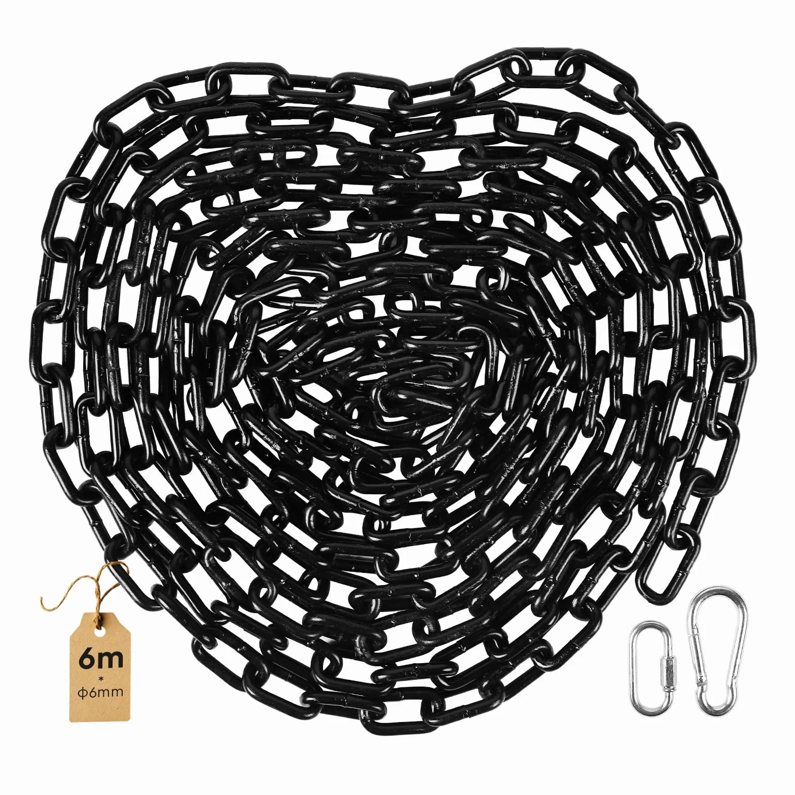 SWAWIS 6m Noir Chaine Acier au Carbone Ø 6 mm, Chainette Metal avec M6 Connecteur à Dégagement Rapide et Pince à Ressort, Chaîne Noir Électrophorétique de Surface pour Hamacs Clôtures Antivol de Vélo