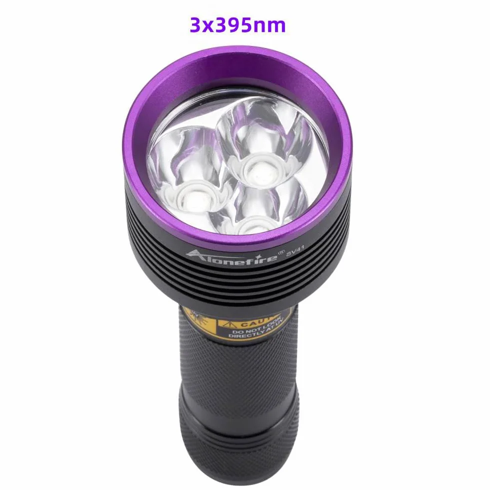 Alonefire SV41 10W Lampe Torche UV LED 395nm Rechargeable Lampe Ultraviolet Lumiere Noire Détecteur D'urine pour Resine, Pêche, Scorpion, Minéraux avec Lunettes de Protection UV, Chargeur, Batterie
